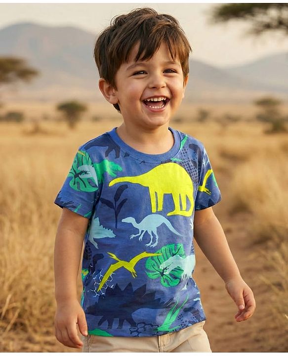 Babyhug Cotton Knit Half Sleeves T-Shirt with Dino Print - Navy Blue