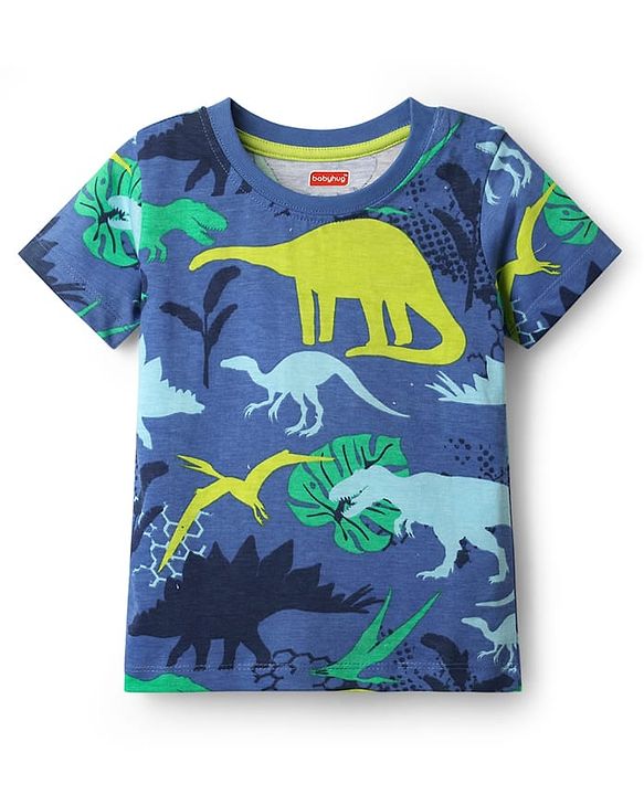 Babyhug Cotton Knit Half Sleeves T-Shirt with Dino Print - Navy Blue
