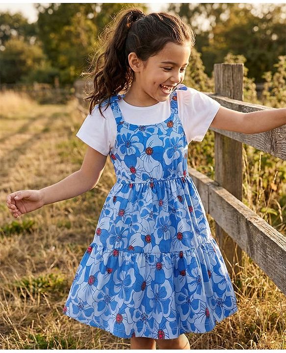 Pine Kids Cotton Knit Frock & Half Bell Sleeves Inner Tee With Floral Print - Blue & White