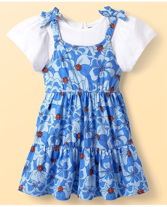 Pine Kids Cotton Knit Frock & Half Bell Sleeves Inner Tee With Floral Print - Blue & White
