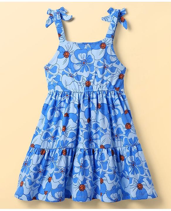 Pine Kids Cotton Knit Frock & Half Bell Sleeves Inner Tee With Floral Print - Blue & White