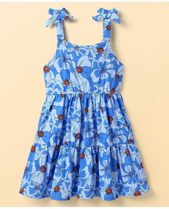 Pine Kids Cotton Knit Frock & Half Bell Sleeves Inner Tee With Floral Print - Blue & White