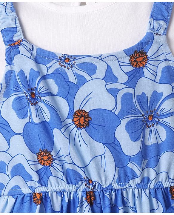 Pine Kids Cotton Knit Frock & Half Bell Sleeves Inner Tee With Floral Print - Blue & White