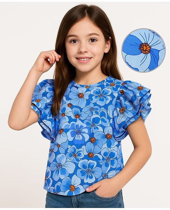 Pine Kids Cotton Knit Frill Sleeves Top With Floral Print - Blue