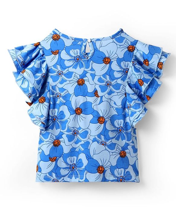 Pine Kids Cotton Knit Frill Sleeves Top With Floral Print - Blue