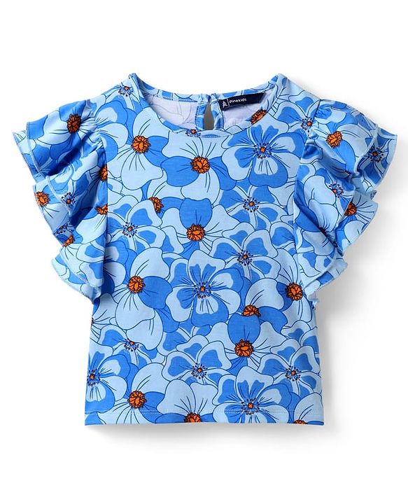 Pine Kids Cotton Knit Frill Sleeves Top With Floral Print - Blue