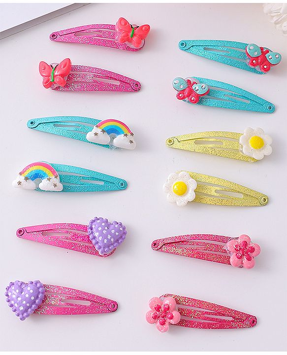 Babyhug Snap Hair Clips with Butterfly Floral & Heart Applique Pack of 12 - Light Blue Pink & Yellow