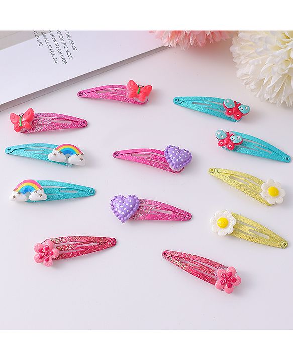 Babyhug Snap Hair Clips with Butterfly Floral & Heart Applique Pack of 12 - Light Blue Pink & Yellow