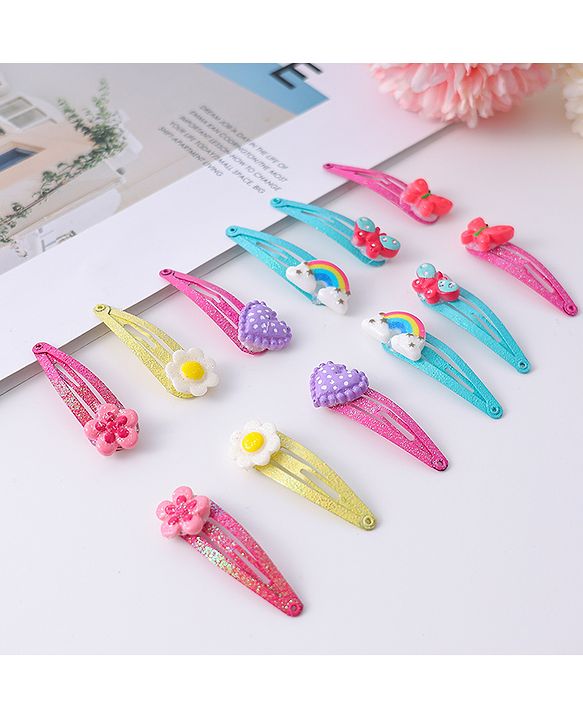 Babyhug Snap Hair Clips with Butterfly Floral & Heart Applique Pack of 12 - Light Blue Pink & Yellow