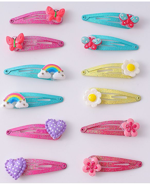 Babyhug Snap Hair Clips with Butterfly Floral & Heart Applique Pack of 12 - Light Blue Pink & Yellow