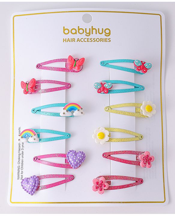 Babyhug Snap Hair Clips with Butterfly Floral & Heart Applique Pack of 12 - Light Blue Pink & Yellow