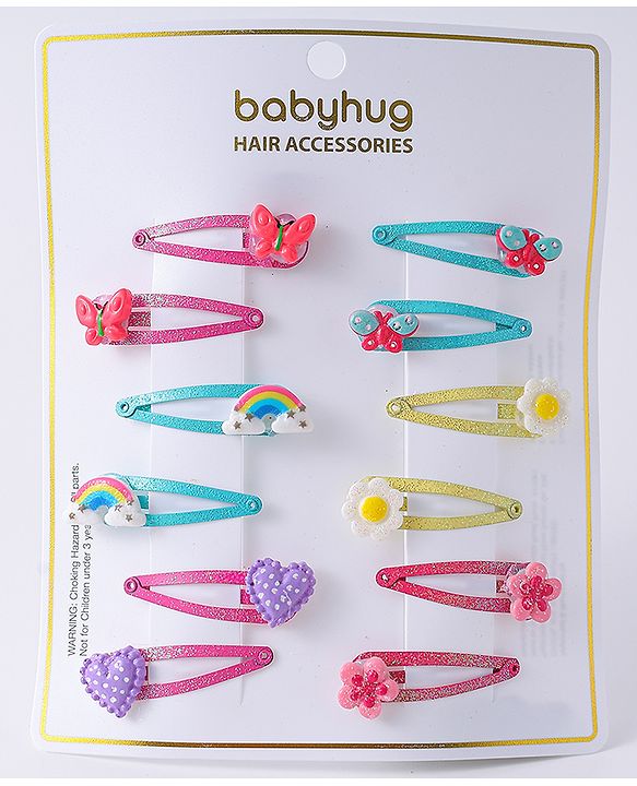 Babyhug Snap Hair Clips with Butterfly Floral & Heart Applique Pack of 12 - Light Blue Pink & Yellow