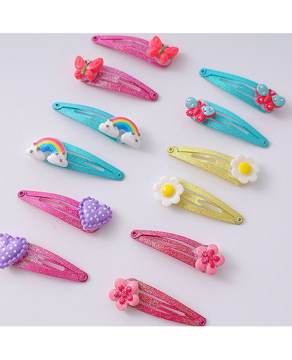 Babyhug Snap Hair Clips with Butterfly Floral & Heart Applique Pack of 12 - Light Blue Pink & Yellow