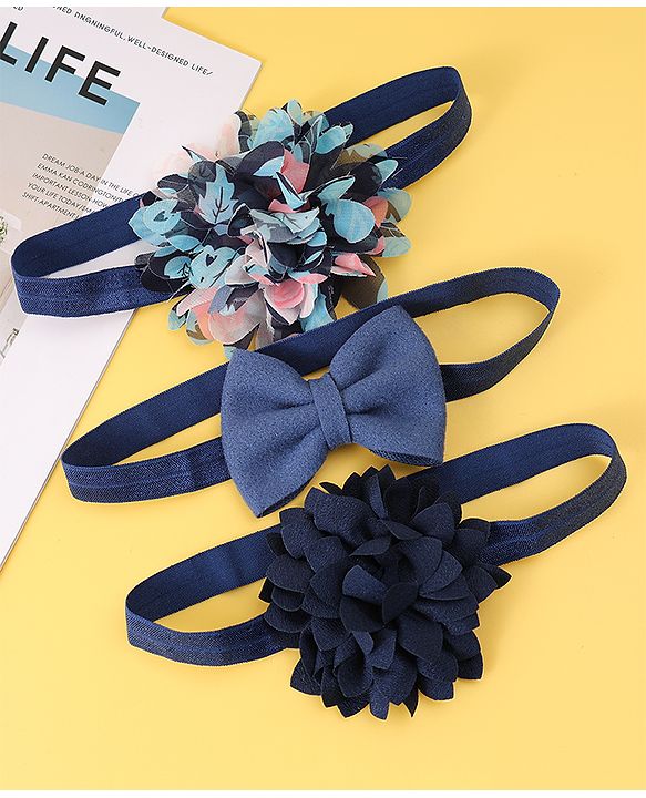 Babyhug Free Size Head Band With Floral & Bow Applique Pack Of 3 - Navy Blue