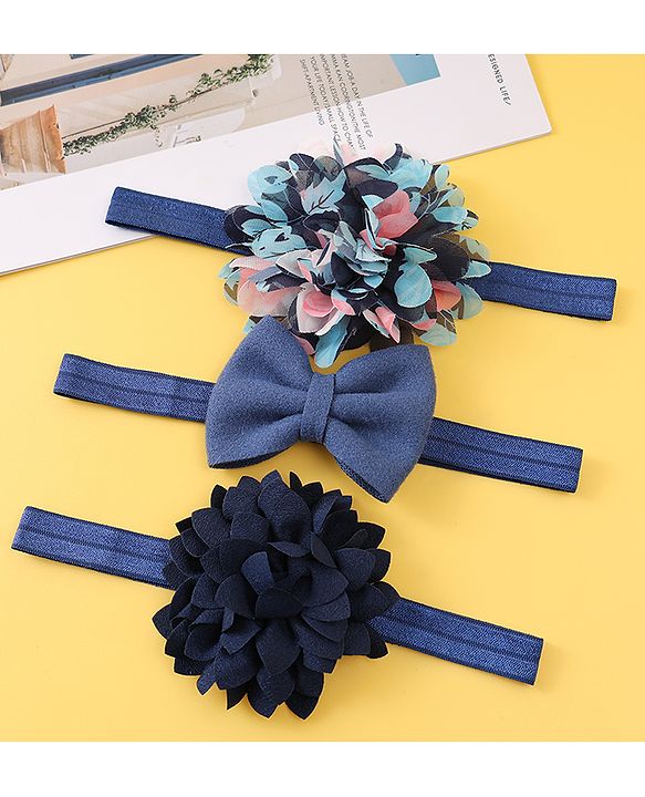 Babyhug Free Size Head Band With Floral & Bow Applique Pack Of 3 - Navy Blue