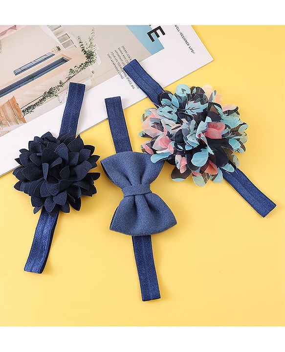 Babyhug Free Size Head Band With Floral & Bow Applique Pack Of 3 - Navy Blue