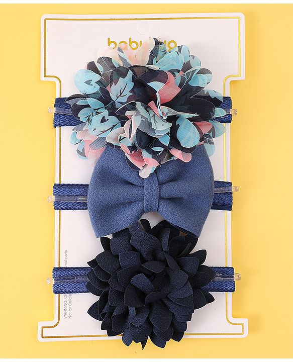 Babyhug Free Size Head Band With Floral & Bow Applique Pack Of 3 - Navy Blue