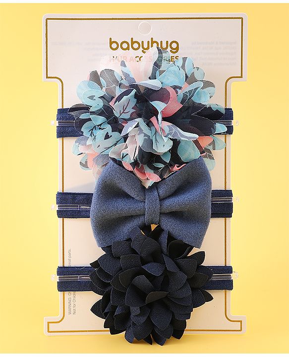Babyhug Free Size Head Band With Floral & Bow Applique Pack Of 3 - Navy Blue