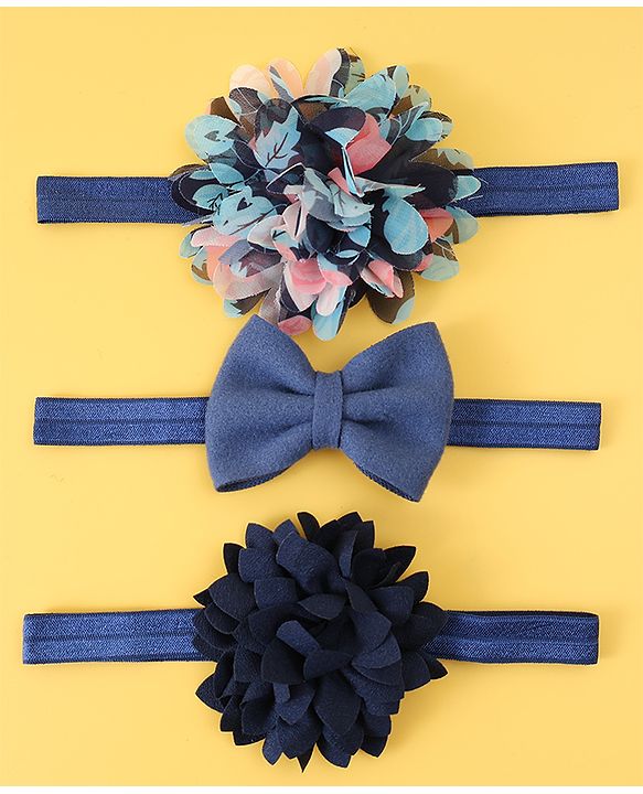 Babyhug Free Size Head Band With Floral & Bow Applique Pack Of 3 - Navy Blue