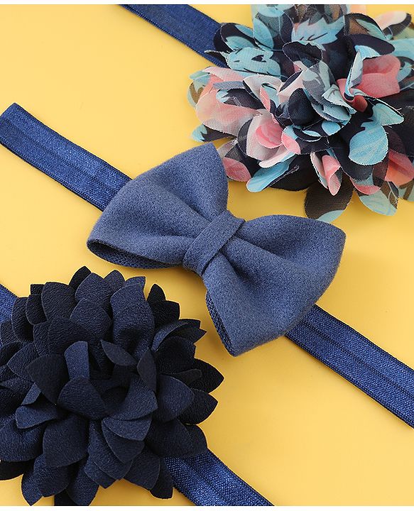 Babyhug Free Size Head Band With Floral & Bow Applique Pack Of 3 - Navy Blue