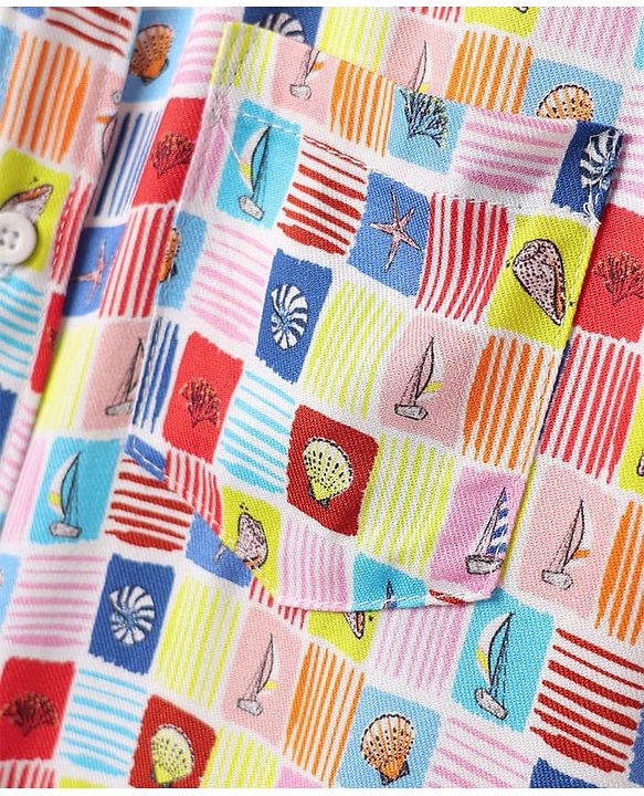Pine Kids Viscose Woven Half Sleeves Shirt with Sea life Print - Red & Blue