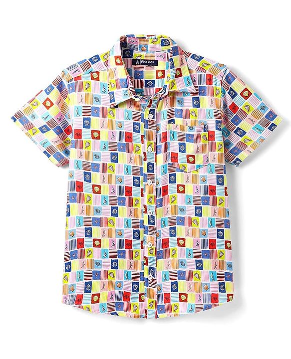 Pine Kids Viscose Woven Half Sleeves Shirt with Sea life Print - Red & Blue