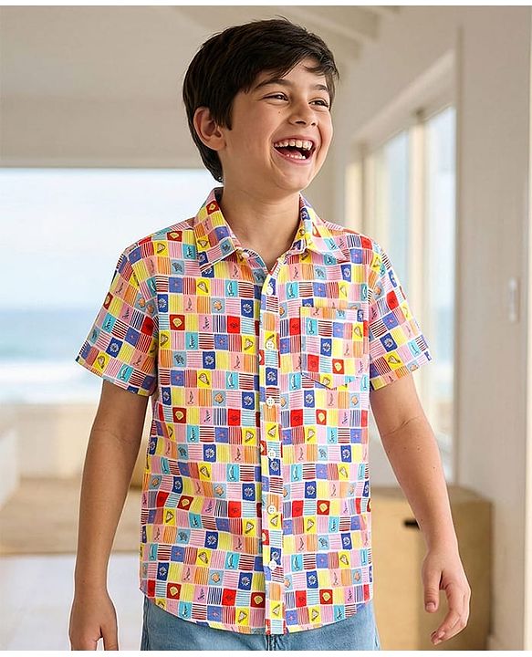 Pine Kids Viscose Woven Half Sleeves Shirt with Sea life Print - Red & Blue