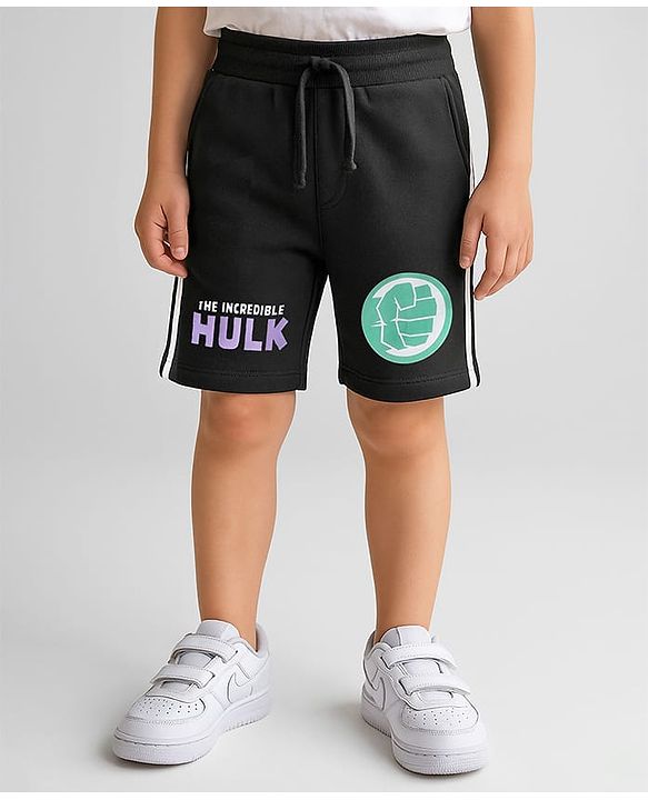 Pine Kids Marvel Terry Knit Knee Length Shorts with Hulk Graphics & Tape Detailing - Black