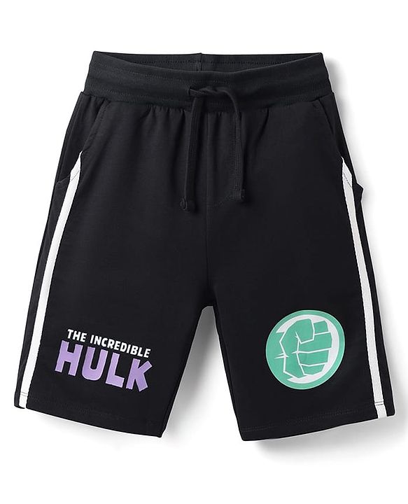 Pine Kids Marvel Terry Knit Knee Length Shorts with Hulk Graphics & Tape Detailing - Black
