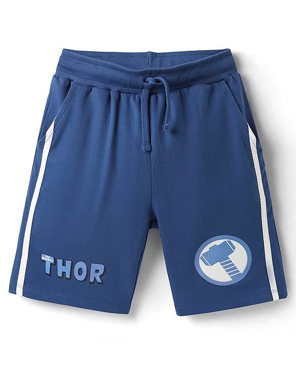 Pine Kids Marvel Terry Knit Knee Length Shorts with Thor Graphics & Tape Detailing - Navy Blue