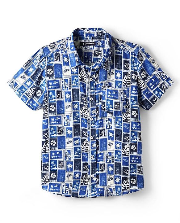 Pine Kids Viscose Woven Half Sleeves Shirt with Beach Theme Print - Blue