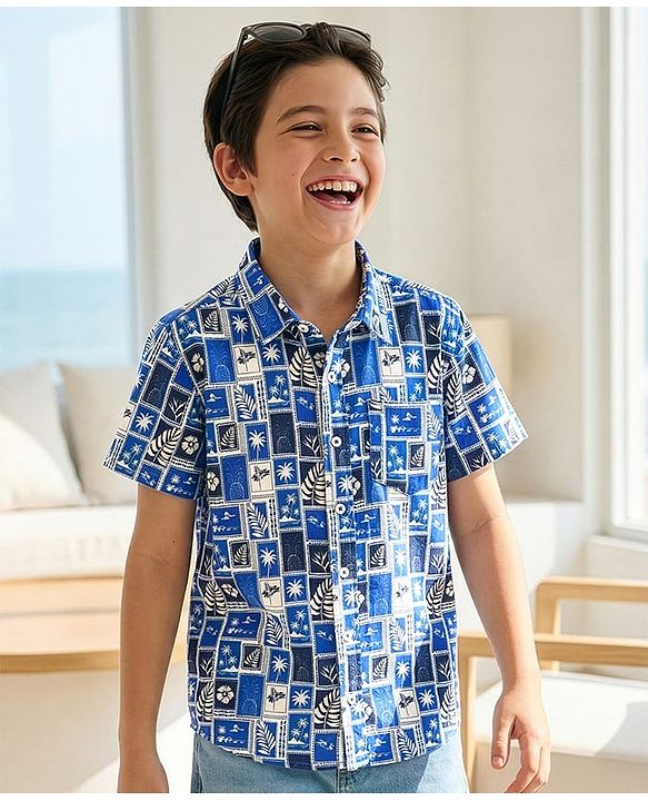Pine Kids Viscose Woven Half Sleeves Shirt with Beach Theme Print - Blue