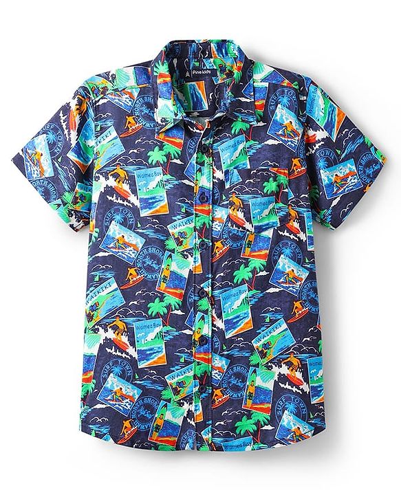 Pine Kids Viscose TWILL Woven Half Sleeves Shirt with Beach Theme Print - Navy Blue