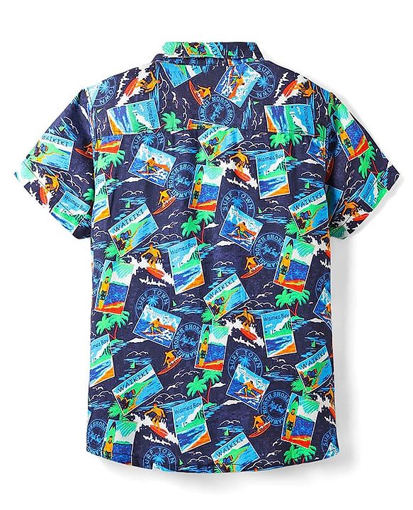 Pine Kids Viscose TWILL Woven Half Sleeves Shirt with Beach Theme Print - Navy Blue