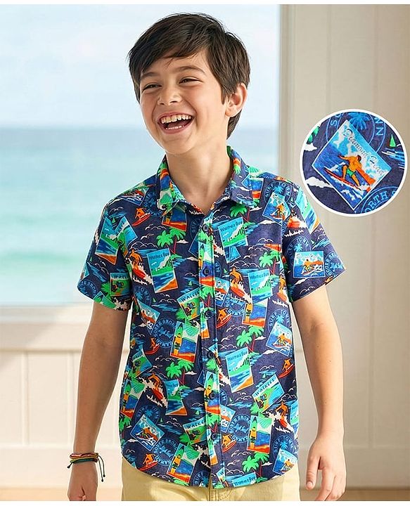 Pine Kids Viscose TWILL Woven Half Sleeves Shirt with Beach Theme Print - Navy Blue