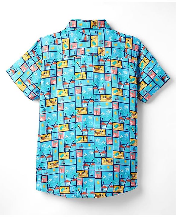 Pine Kids Viscose TWILL Woven Half Sleeves Shirt with Beach Theme Print - Light Blue