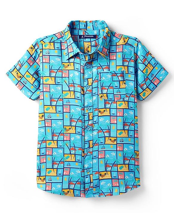 Pine Kids Viscose TWILL Woven Half Sleeves Shirt with Beach Theme Print - Light Blue