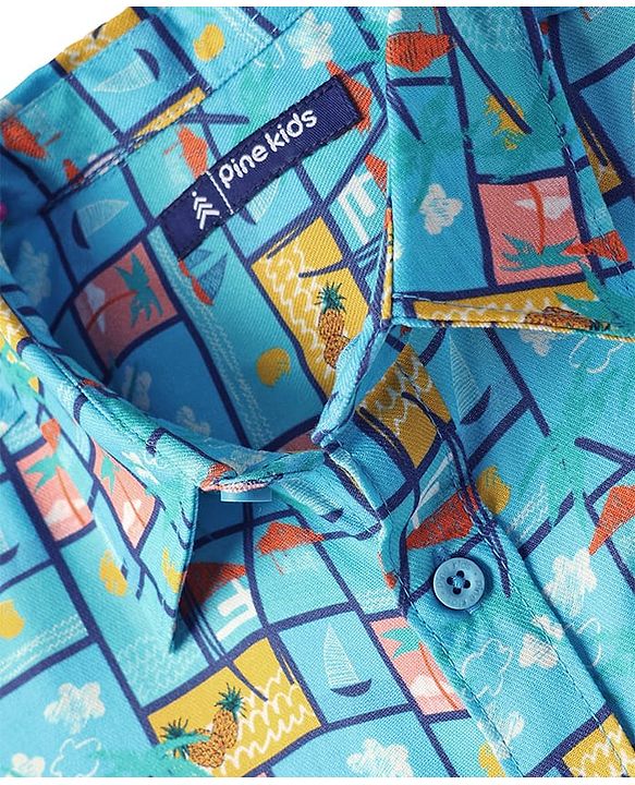 Pine Kids Viscose TWILL Woven Half Sleeves Shirt with Beach Theme Print - Light Blue
