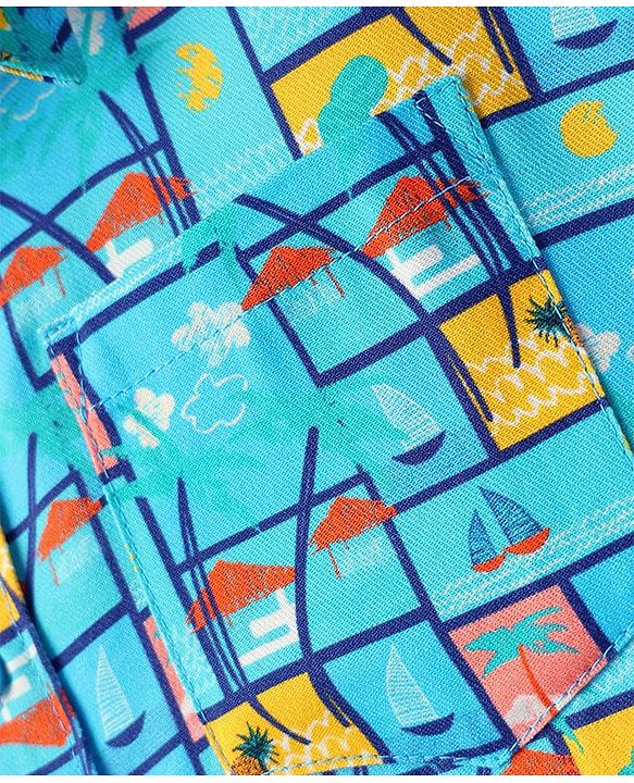 Pine Kids Viscose TWILL Woven Half Sleeves Shirt with Beach Theme Print - Light Blue