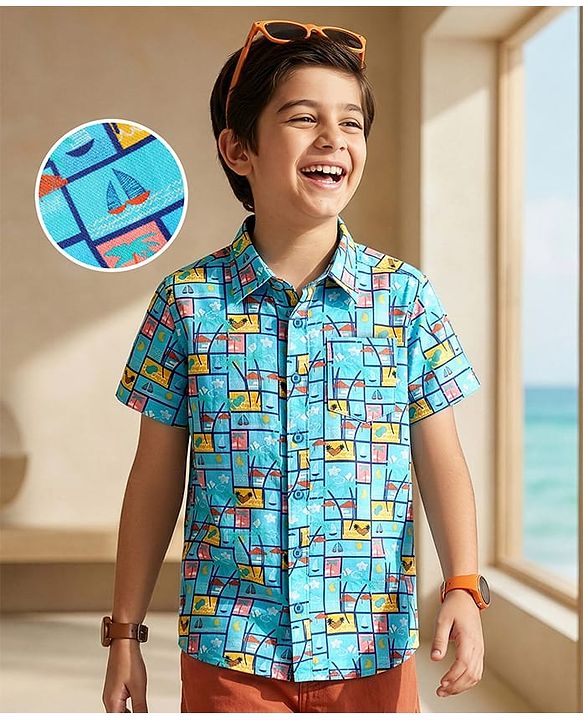 Pine Kids Viscose TWILL Woven Half Sleeves Shirt with Beach Theme Print - Light Blue