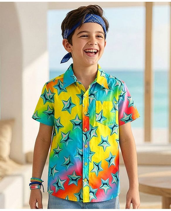 Pine Kids Viscose Woven Half Sleeves Shirt With Star Print - Multicolor