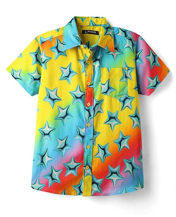 Pine Kids Viscose Woven Half Sleeves Shirt With Star Print - Multicolor