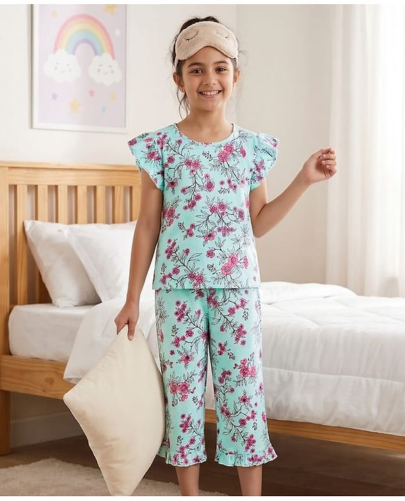 Pine Kids Cotton Knit Frill Sleeves Co-ords Capri Night Suit with Floral Print - Sea Green