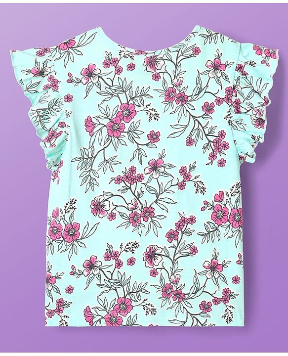 Pine Kids Cotton Knit Frill Sleeves Co-ords Capri Night Suit with Floral Print - Sea Green