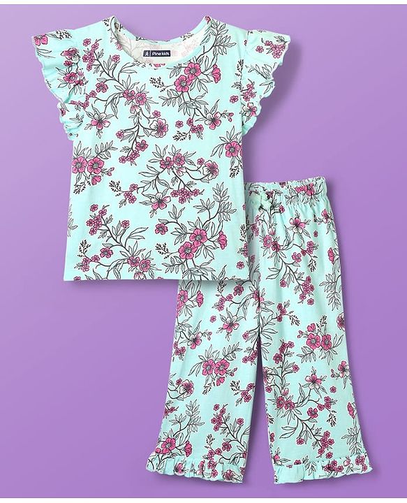 Pine Kids Cotton Knit Frill Sleeves Co-ords Capri Night Suit with Floral Print - Sea Green