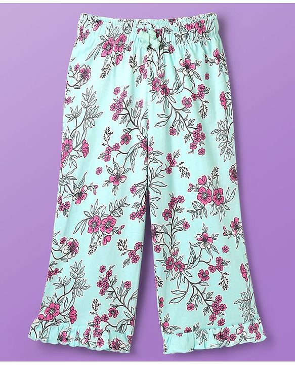 Pine Kids Cotton Knit Frill Sleeves Co-ords Capri Night Suit with Floral Print - Sea Green