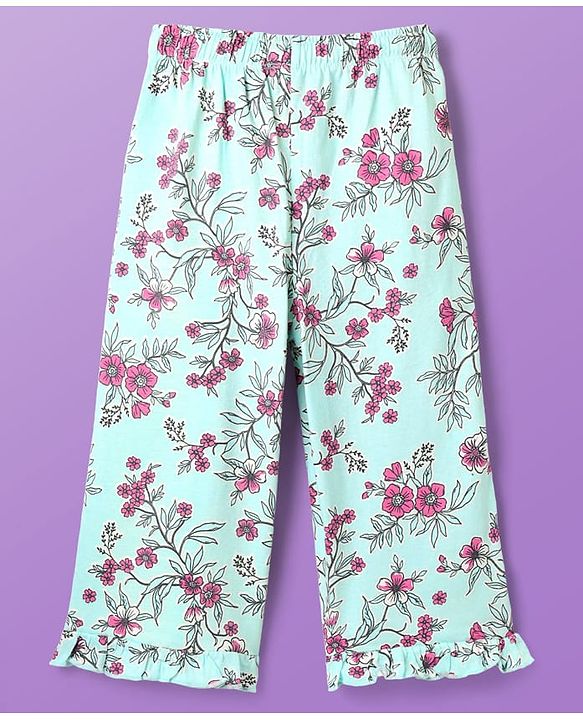 Pine Kids Cotton Knit Frill Sleeves Co-ords Capri Night Suit with Floral Print - Sea Green