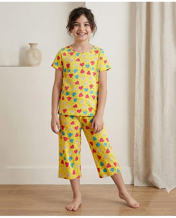 Pine Kids Cotton Knit Half Sleeves Co-ords Night Suit with Heart Print - Yellow