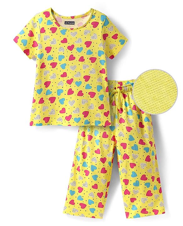 Pine Kids Cotton Knit Half Sleeves Co-ords Night Suit with Heart Print - Yellow