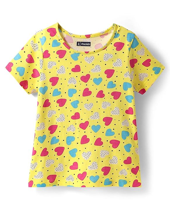 Pine Kids Cotton Knit Half Sleeves Co-ords Night Suit with Heart Print - Yellow